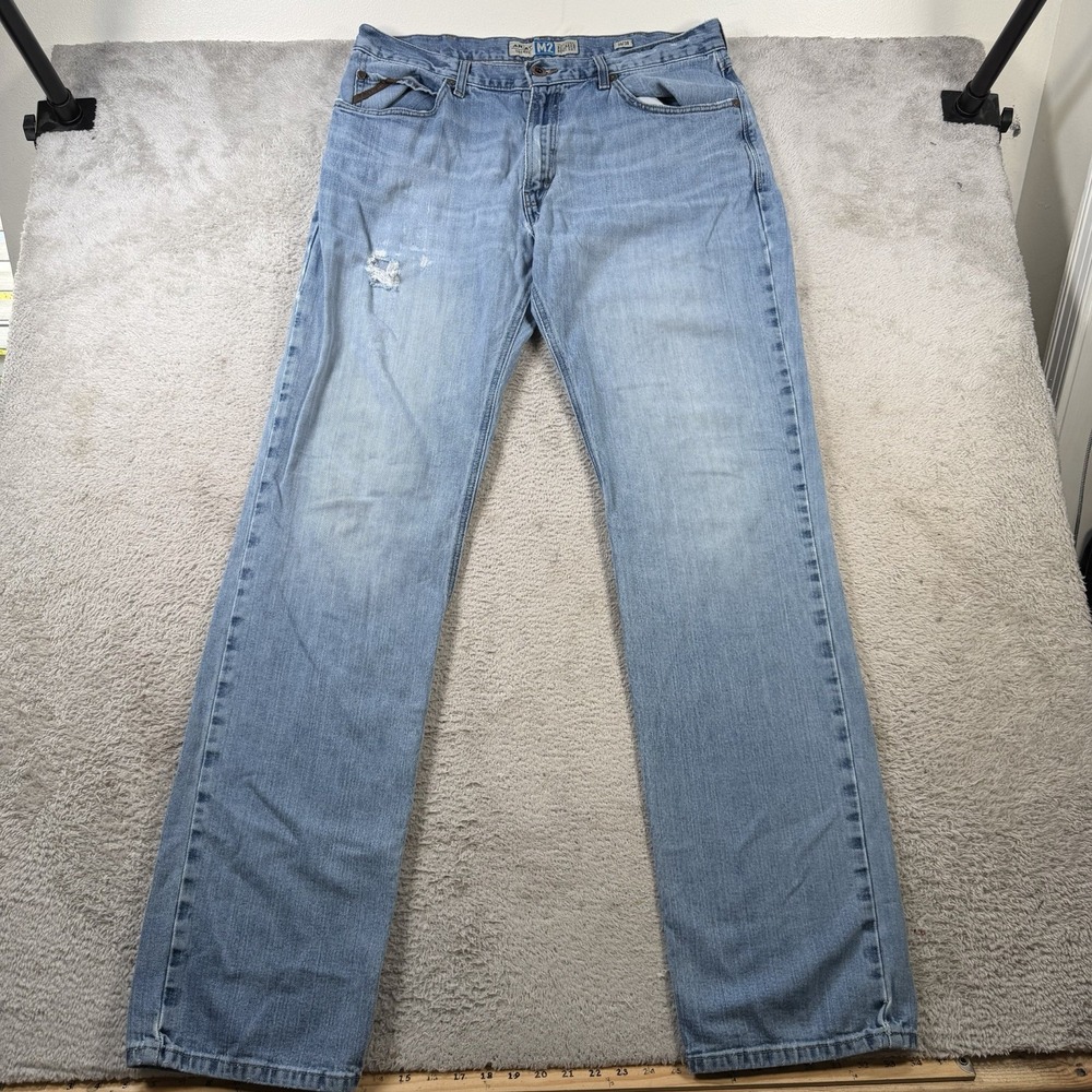 Ariat M2 Jeans Mens 36x38 Blue Denim Relaxed Boot Cut Cowboy Distressed Workwear